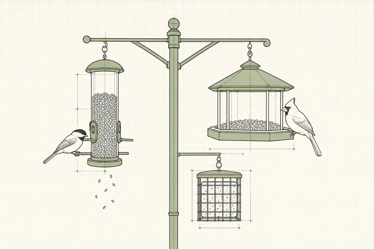 Line drawing of a feeder pole holding a tube feeder, a platform feeder and a suet cage, with a chickadee and a cardinal perched