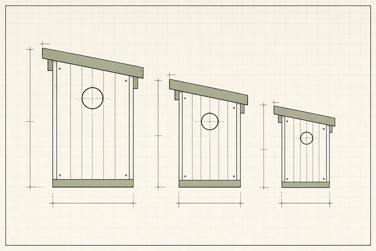 Front elevation line drawing of three wooden nest boxes of different sizes, each with a round entrance hole and sloped roof