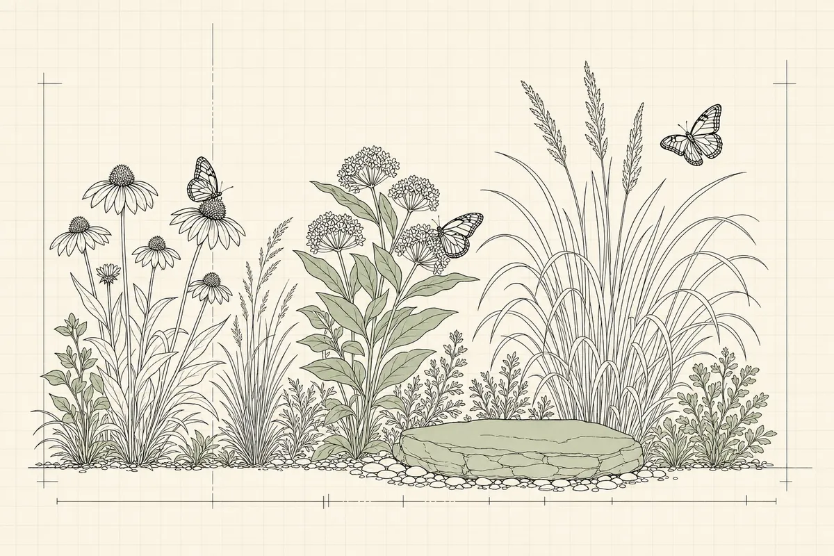 Line drawing of a butterfly garden border with coneflowers, milkweed and tall grasses, three butterflies and a flat basking stone