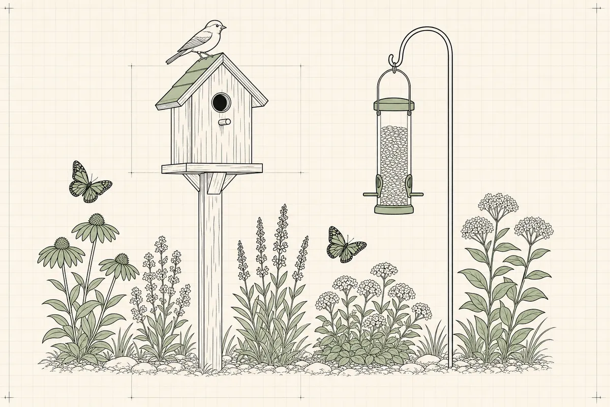 Line drawing of a wooden birdhouse on a post beside a hanging tube feeder, with a songbird on the roof and butterflies over a flower border