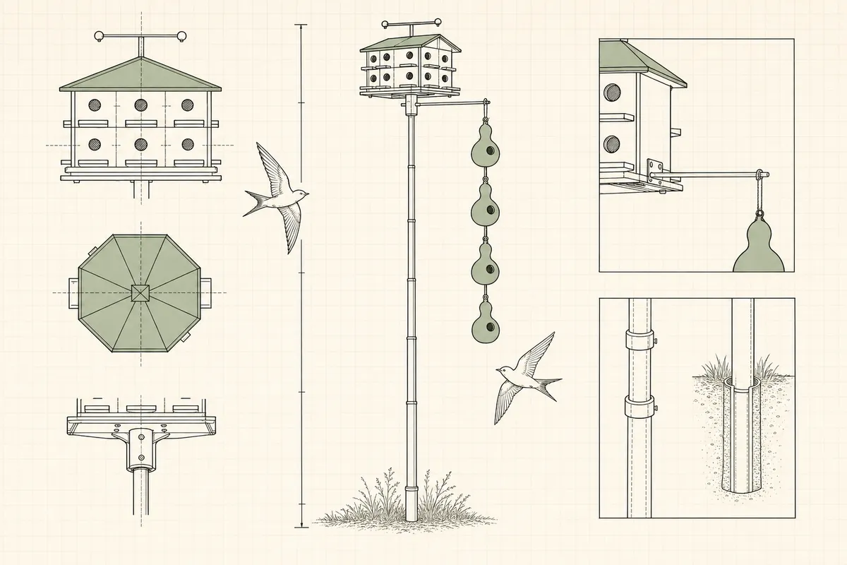 Line drawing of a multi-compartment purple martin house on a tall pole beside a string of hanging gourds, with two martins in flight